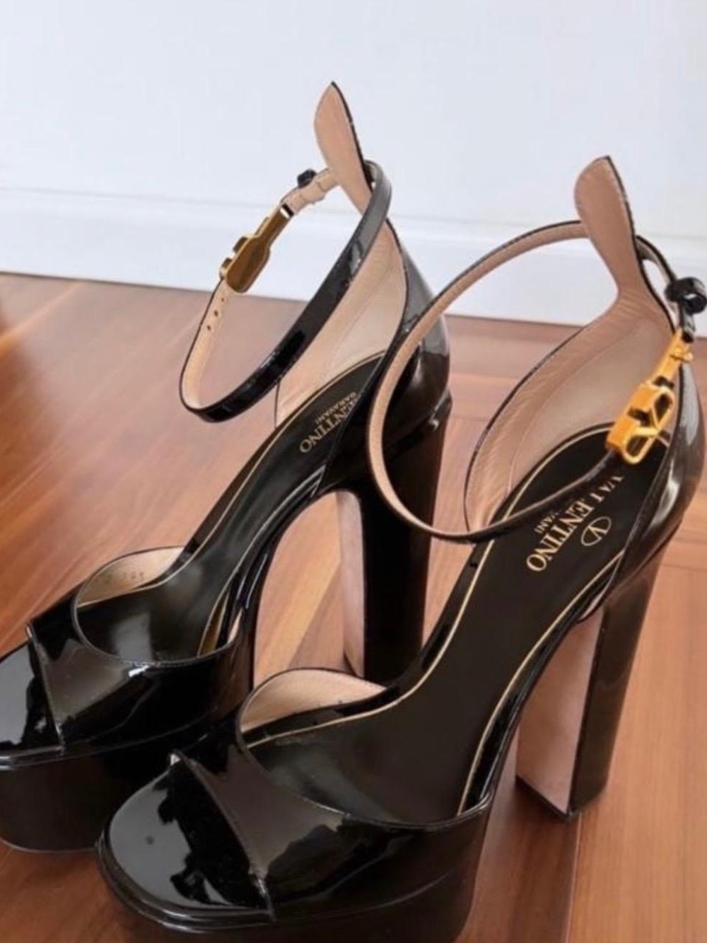 Valentino Black Patent Leather Platform Peep-Toe Heels with Gold Hardware